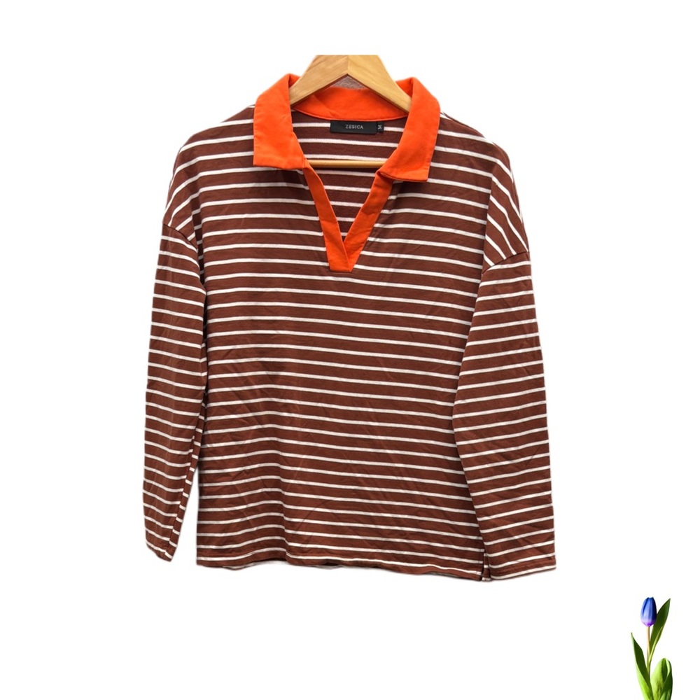Zesica striped long-sleeve shirt with a V-neck and contrasting collar Size M